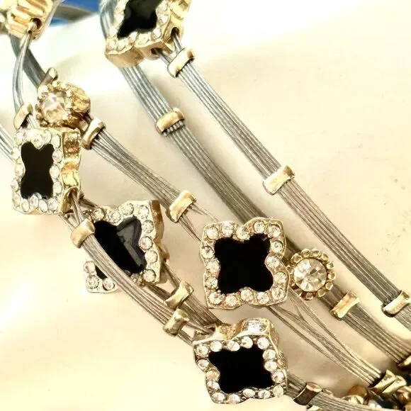 Black clover silver cable gold crystal 5 bands bangle bracelets - Picture 4 of 10